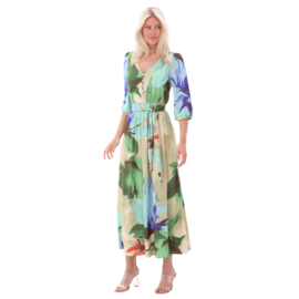 K-design A324 P955 klokkende travelstof maxi jurk met print en strikband