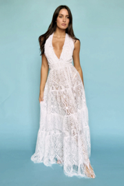 Antica Sartoria DW070 Boho witte lange jurk met kant, franjes en open rug