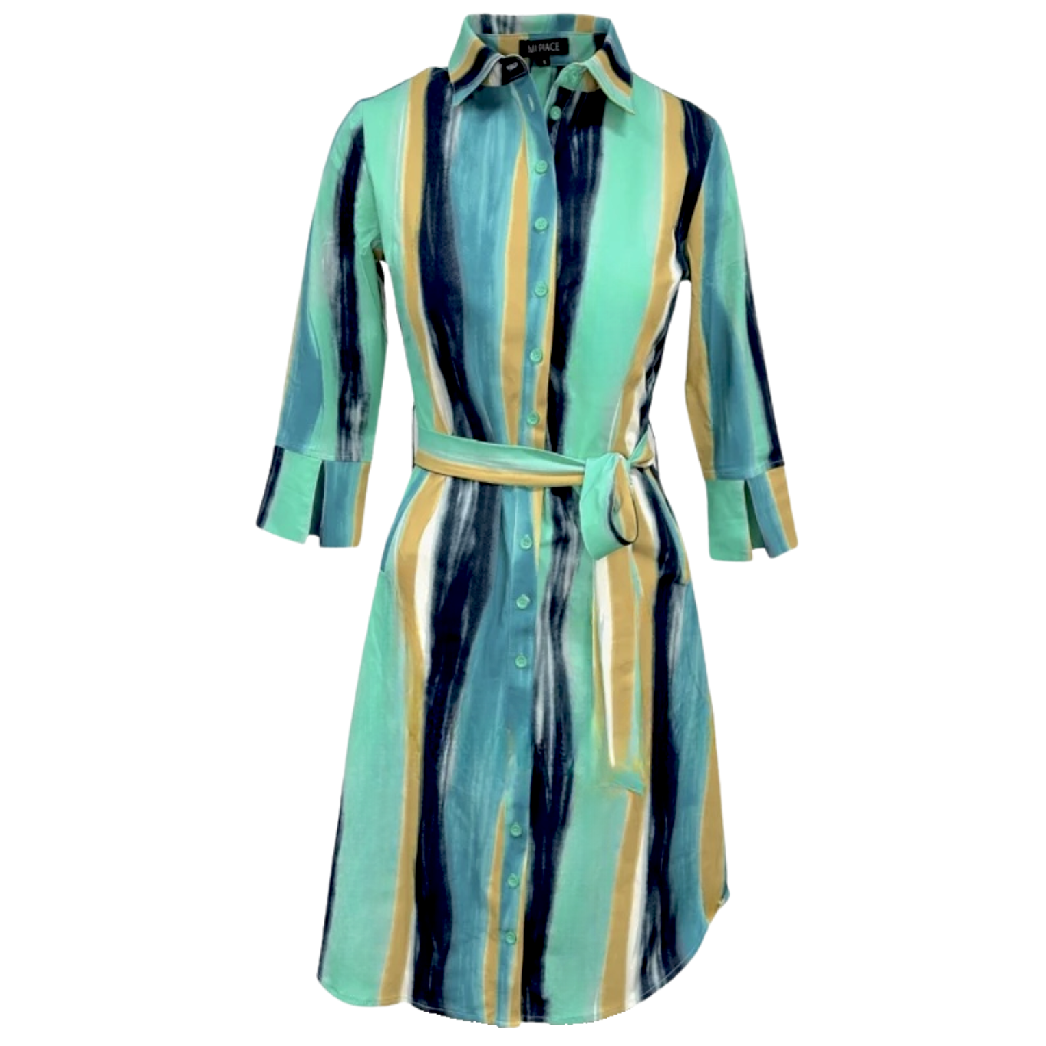Mi Piace travelstof jurk Swirly met blousekraag & band - Mint Leaf