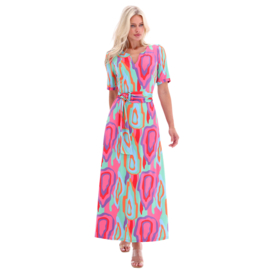 K-design A304 P937 travelstof maxi jurk met print en riem