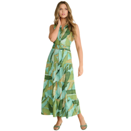 K-design A314 P951 mouwloze travelstof maxi jurk met print en riem