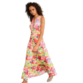 K-design A217 P982 mouwloze travelstof jurk met bloemen print, haakwerk banen en riem
