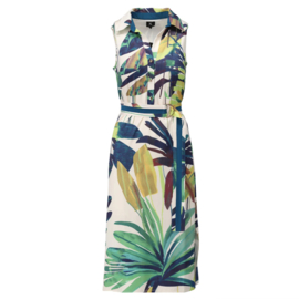 K-design A321 P960 mouwloze travelstof jurk met bladeren print en riem