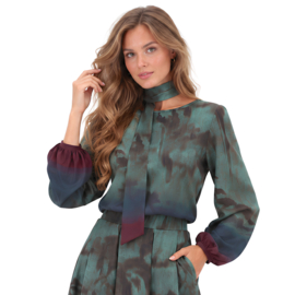 K-Design D208 P172 Travelstof top met Afneembare Striksjaal en Blauw Groene Print