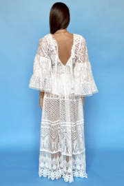 Antica Sartoria DW169 Boho witte lange jurk met kant, franjes en open rug