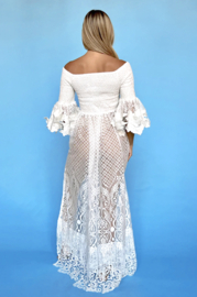 Antica Sartoria DW156 Boho witte lange jurk met kant, franjes en blote schouders