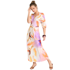 K-design A324 P954 klokkende travelstof maxi jurk met print en strikband