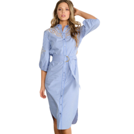 K-design A760 blue stripe maxi jurk met borduursel en riem
