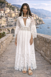 Antica Sartoria DW169 Boho witte lange jurk met kant, franjes en open rug