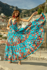 Antica Sartoria FC082 | Lange turquoise boho jurk met print