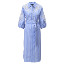 K-design A760 blue stripe maxi jurk met borduursel en riem