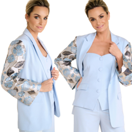 K-design A610 licht blauwe effen blazer in Kimono stijl met bloemen print op mouwen