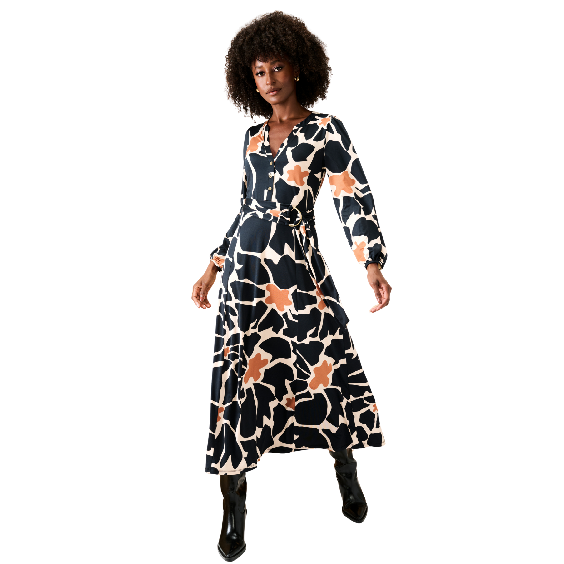 K-design B302 P044 Travelstof maxi jurk met print en riem | FW2025-2026