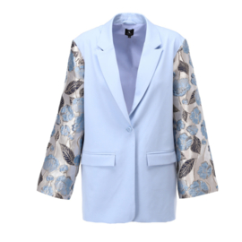 K-design A610 licht blauwe effen blazer in Kimono stijl met bloemen print op mouwen