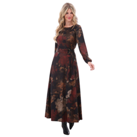 K-design B124 P013 Travelstof maxi jurk met hoge ronde hals en riem | FW2025-2026