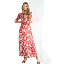 K-design A101 P906 travelstof maxi jurk met bladeren print en riem