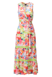 K-design A217 P982 mouwloze travelstof jurk met bloemen print, haakwerk banen en riem