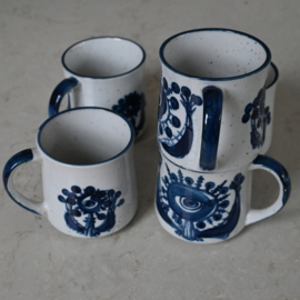 Mok - vintage - handbeschilderd  - blauw - set van vijf