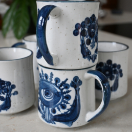 Mok - vintage - handbeschilderd  - blauw - set van vijf