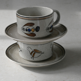 Soepkom - vintage - handbeschilderd - Vogel - met losse schotel