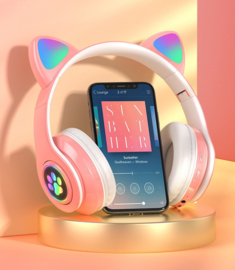 Kinder Hoofdtelefoon-Draadloze Koptelefoon-Kids Headset-Over Ear-Bluetooth-Microfoon-Katten Oortjes-Led Verlichting-Roze