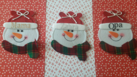 Kerst bestekhouder gezicht sneeuwpop met naam