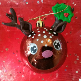 Kerstbal hertje met bruin glitter gewei ( Plastic, 5,7 cm)