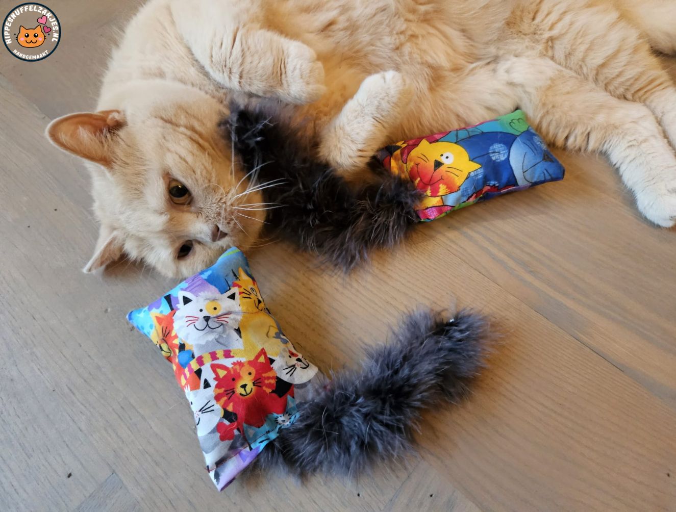Snuffelzakje Geluid Vrolijke kat met grijze staart  (gevuld met catnip, matatabi knisper)