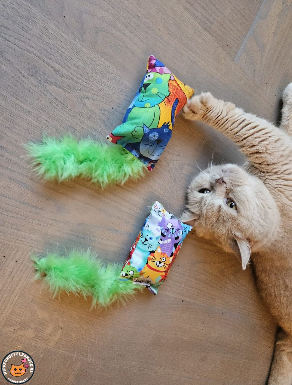 Snuffelzakje Geluid Vrolijke kat met groene staart  (gevuld met catnip, matatabi knisper)