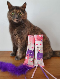 Snuffelzakjeset Happy Pink met staart en lintjes (catnip én valeriaan)