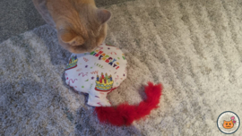 Snuffelballon Happy Birthday met staart, belletjes knisper (gevuld met catnip én valeriaan)
