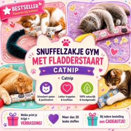 BEKEND VAN ONZE POPULAIRE ADVERTENTIE/ Snuffelzakje gym fladderstaart Catnip+ 1 cadeautje