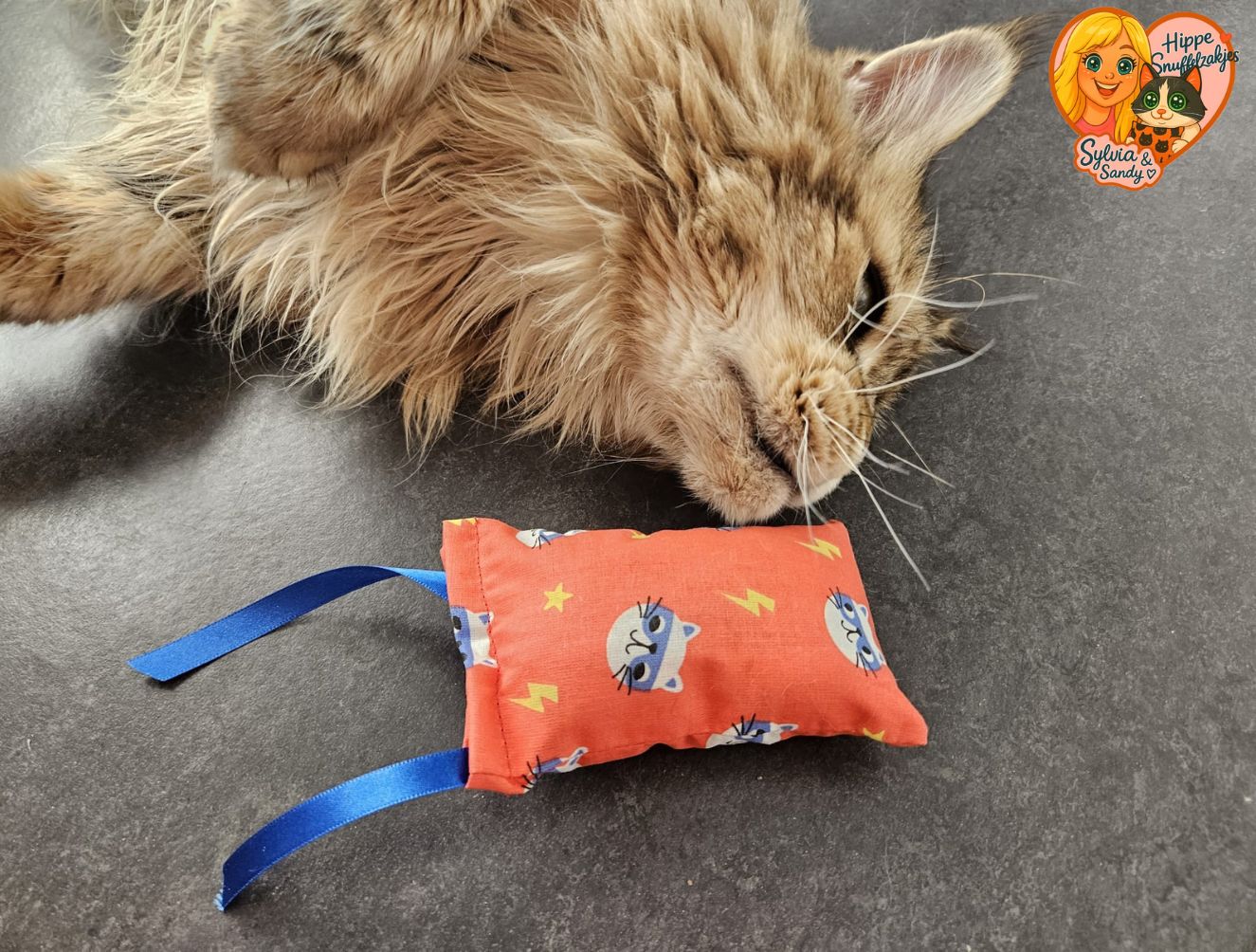 NIEUW/ Snuffelzakje Supercat met blauwe lintjes (gevuld met geurexplosie)