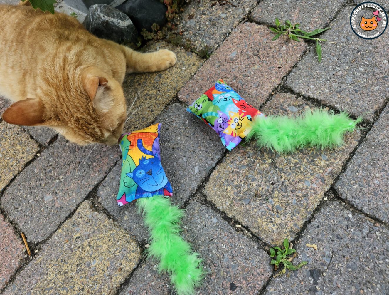 Snuffelzakje Geluid Vrolijke kat met groene staart  (gevuld met catnip, matatabi knisper)