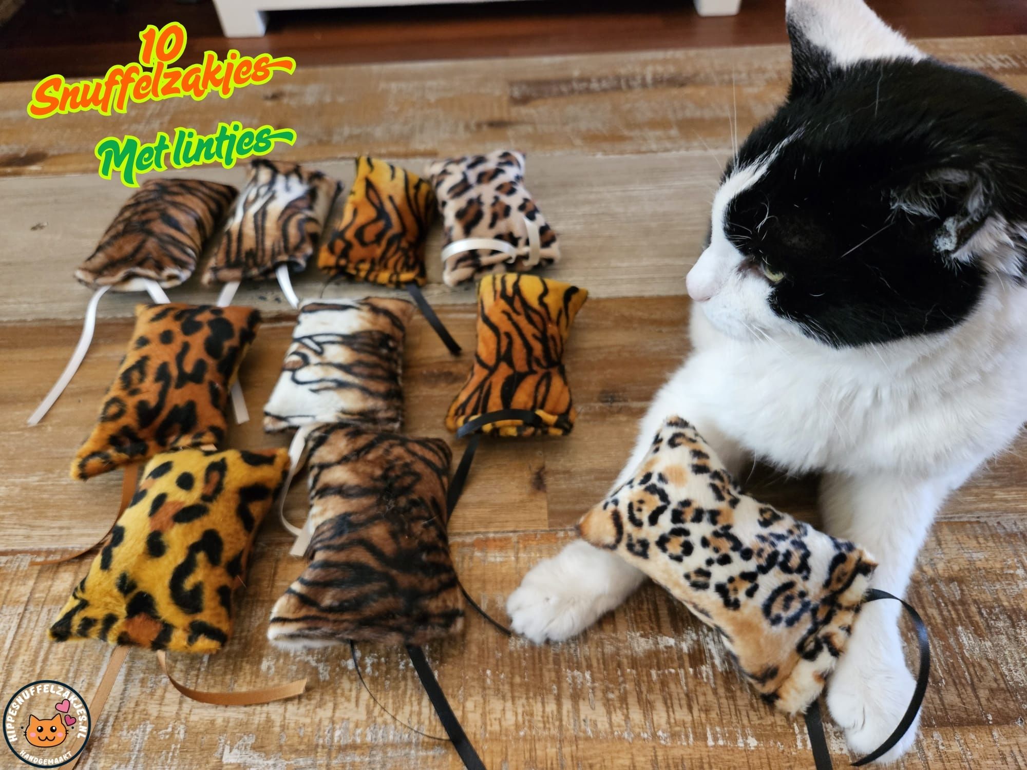 10 snuffelzakjes Wild animals met lintjes met diverse jungle printjes  (gevuld met catnip én valeriaan.