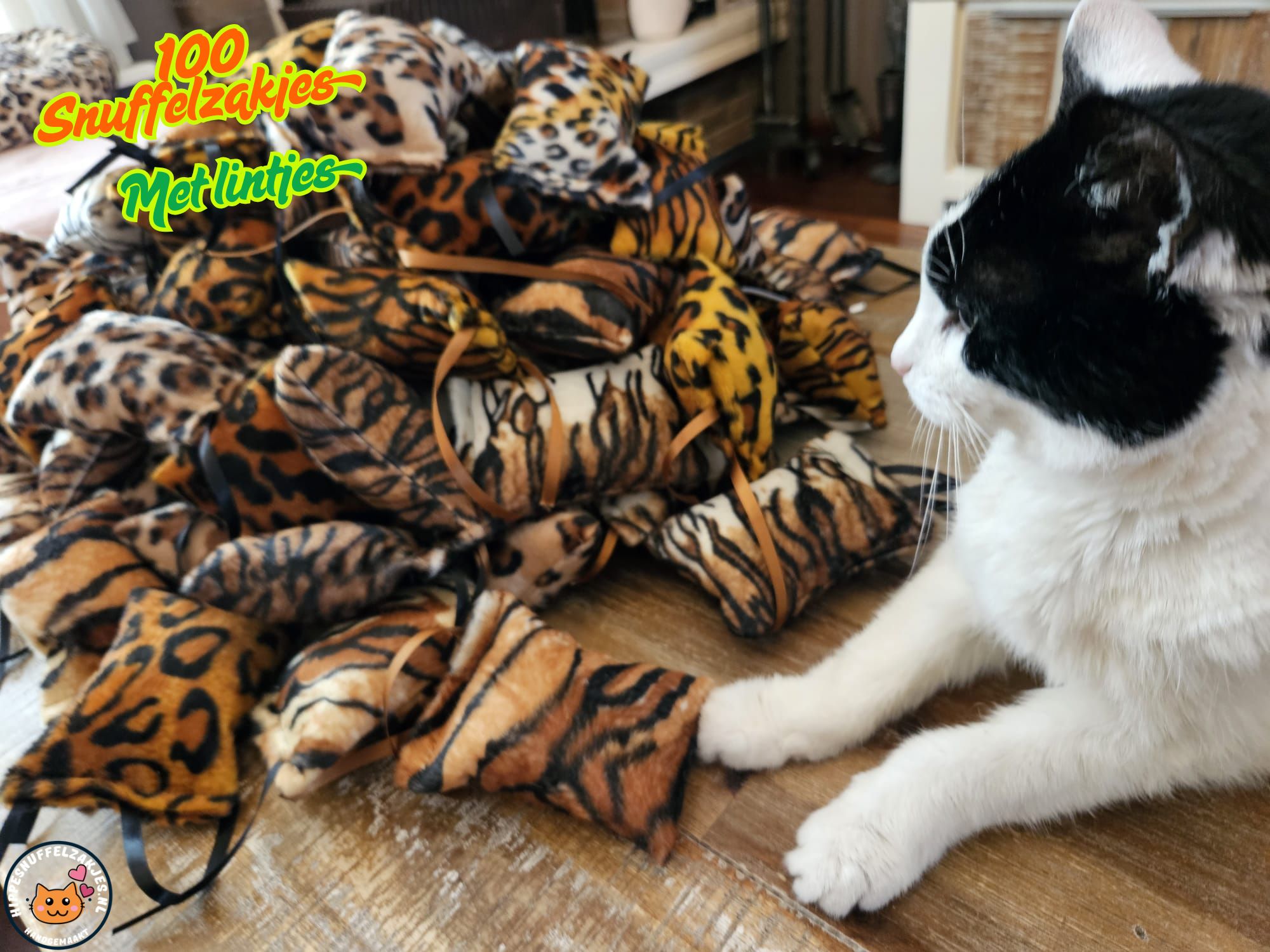 100 snuffelzakjes Wild animals met lintjes (gevuld met catnip én valeriaan_