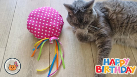 Snuffelballon Happy Birthday (roze) met lintjes, belletjes knisper (gevuld met catnip én valeriaan)
