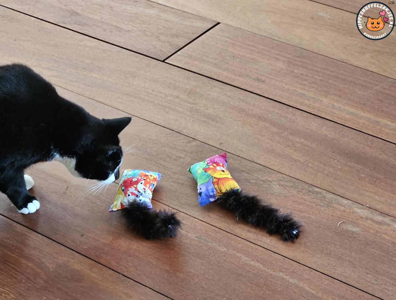 Snuffelzakje Geluid Vrolijke kat met zwarte staart  (gevuld met catnip, matatabi knisper)