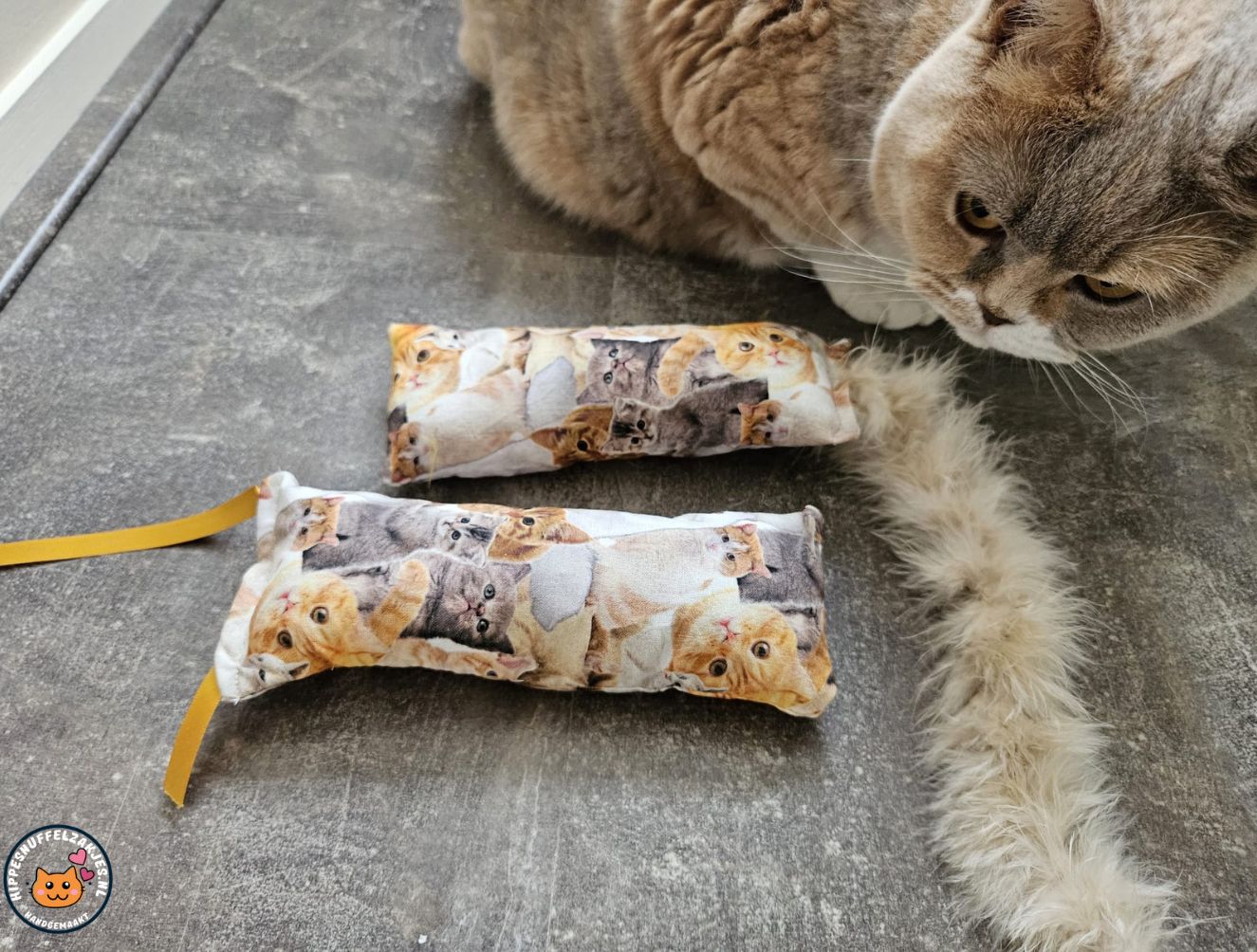 NIEUW/ Snuffelzakjeset Knappe kat met staart en lintjes (gevuld met matatabi)