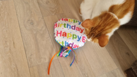 Snuffelballon Happy Birthday (blauwl) met lintjes, belletjes knisper (gevuld met catnip én valeriaan)