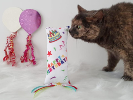 Verjaardag Snuffelzakje gym Happy Birthday met lintjes (gevuld met catnip )