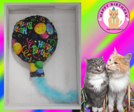Snuffelballon Happy Birthday met blauwe staart, belletjes knisper (geur naar wens) 2 op voorraad