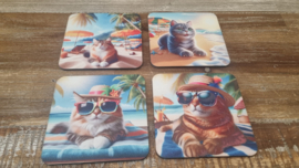 Set van 4 Handgemaakte Kat & Zomer Onderzetters – Miauwtastisch zonnig! ☀️🐱🍉