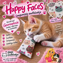 HAPPY FACES🐱 Langwerpig Snuffelzakje gevuld met Geurexplosie (Mix van catnip, valeriaan & matatabi)