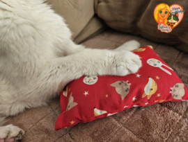 Slaapspeelkussen Kat – Rode Kattenprint (Handgemaakt met Matatabi, Belletje en Knisper)