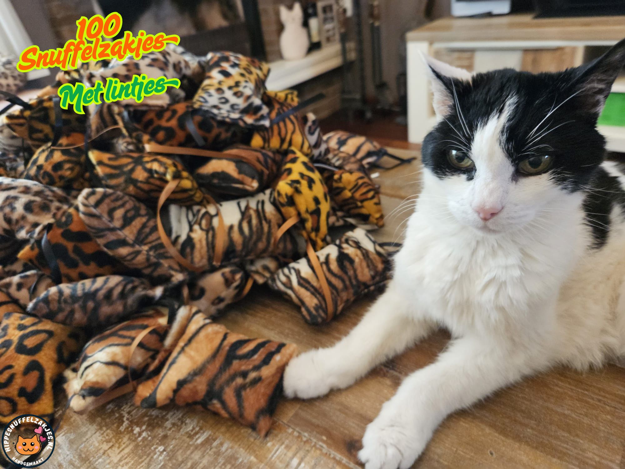 100 snuffelzakjes Wild animals met lintjes (gevuld met catnip én valeriaan_