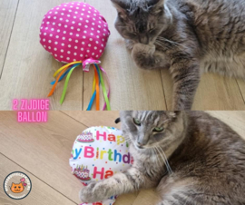 Snuffelballon Happy Birthday (roze) met lintjes, belletjes knisper (gevuld met catnip én valeriaan)