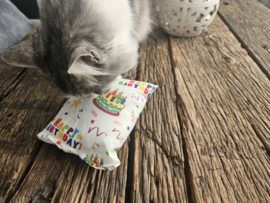 AANBIEDING / Slaap/speelkussen Verjaardag kat (gevuld met geurexplosie)