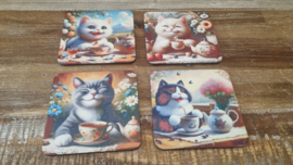 Set van 4 Handgemaakte Kat & Thee Onderzetters – Voor miauwmomentjes met een kopje troost 🫖🐾