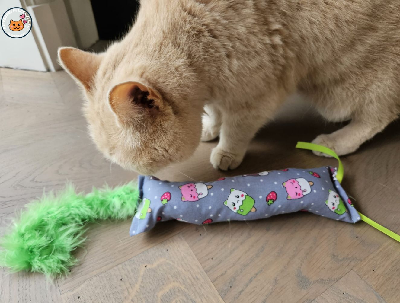 Snuffelzakje gym ijs-kat met groene lintjes en staart (gevuld met matatabi)